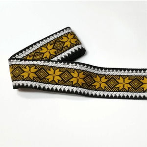 Vintage 70s Floral Jacquard Trim 2" Wide, Boho Black White Brown Gold Woven Trim